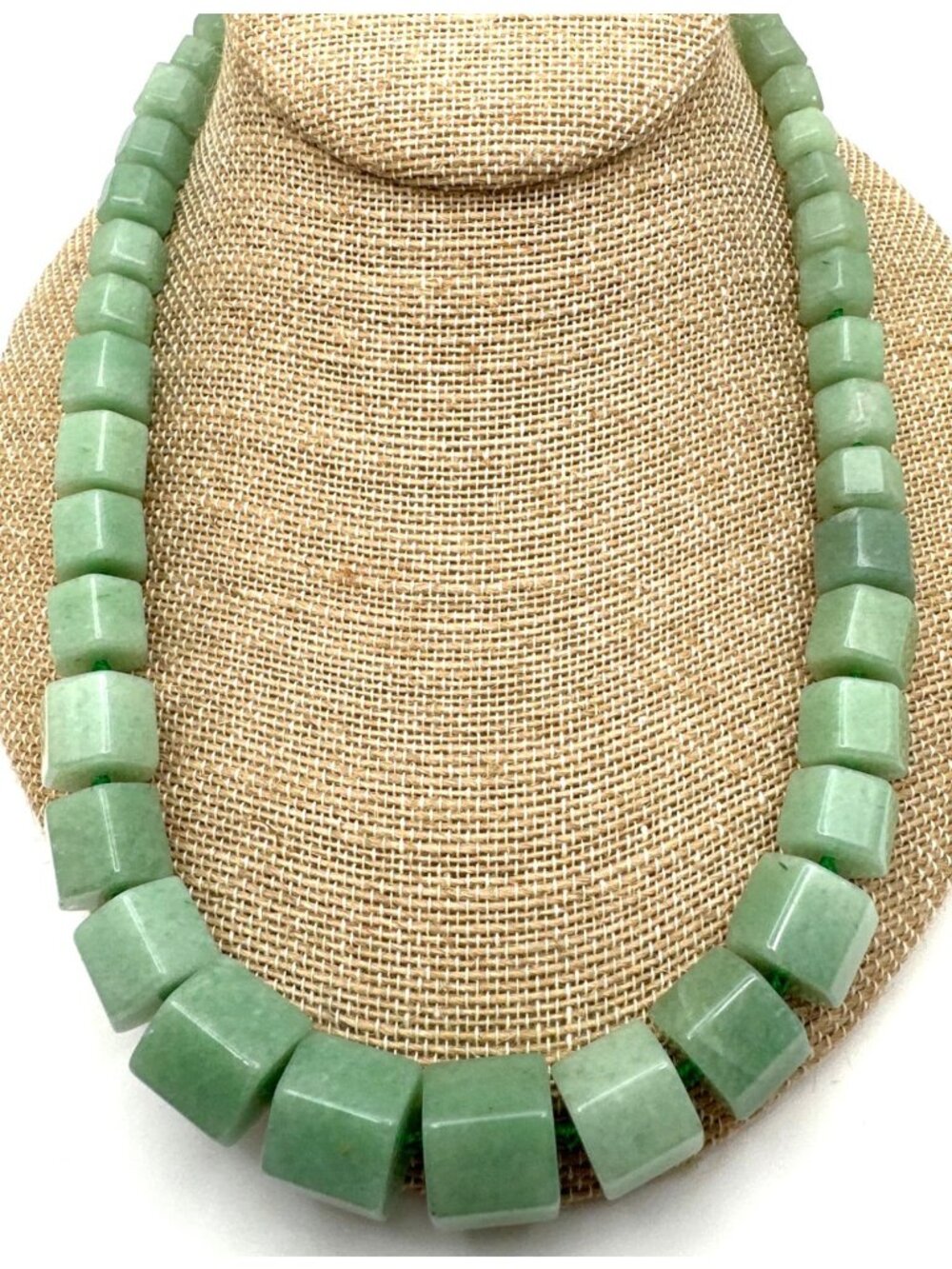 Vintage Green Jadeite Necklace Polished Gemstone Hexagon Beads Double Knotted